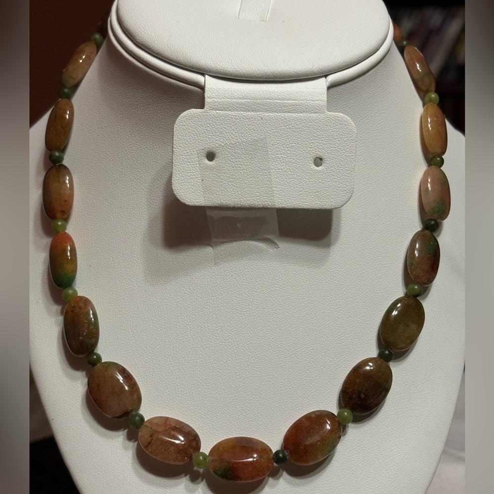 Genuine Amber Agate and Jade natural stone beaded necklace 18 inches
